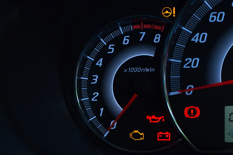 Screen display of car status—warning lights on dashboard as symbols, which show the fault indicators for this car driving through Springfield, IL.