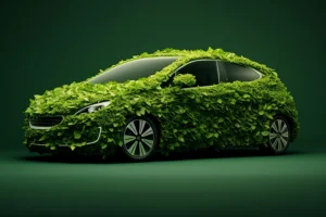 A car covered in green leaves, representing that it is eco-friendly when driving through Springfield, IL.