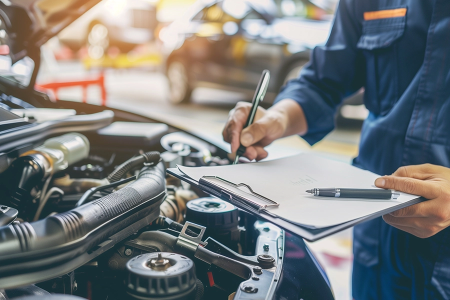 Auto mechanic going through a routine maintenance checklist to ensure this car is in good shape to drive the roads in Springfield, IL and beyond.