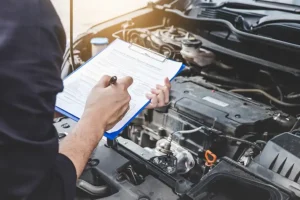 Mechanic at Jack Stoldt Auto Service Center in Springfield, IL, inspecting a vehicle during maintenance service while holding a clipboard and pen.