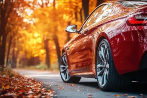 Jack Stoldt Auto Services—A red car driving on a road lined with fall trees and leaves in Springfield, IL