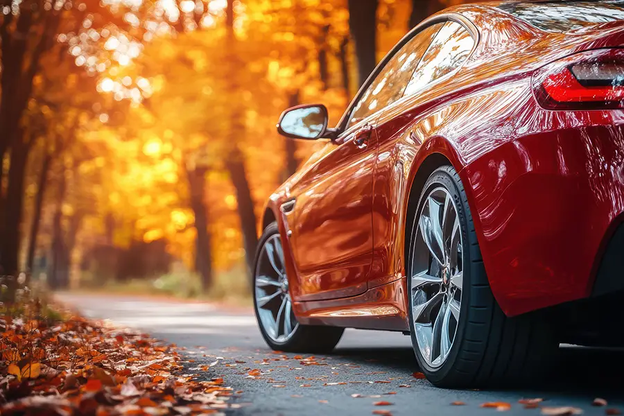 Jack Stoldt Auto Services—A red car driving on a road lined with fall trees and leaves in Springfield, IL